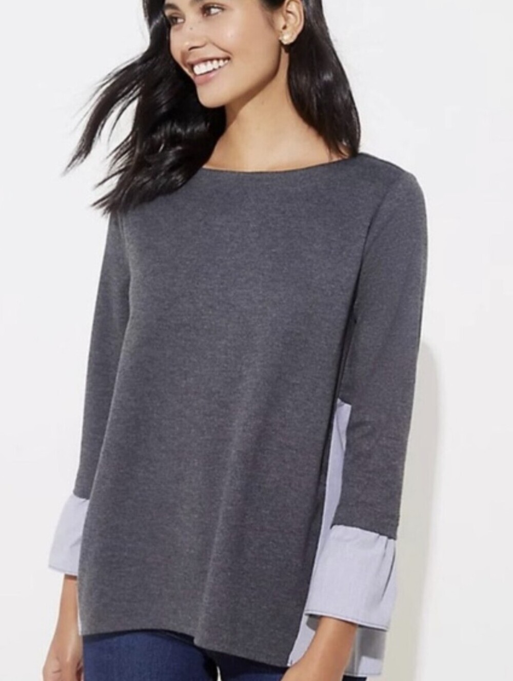 LOFT Gray Oxford Long-Sleeve Knit Top Layered Stripe Cuffs Colorblock Sz L
